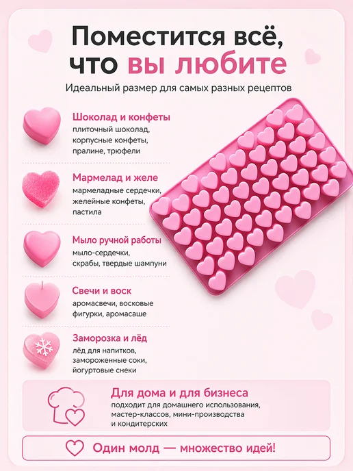 Фото товара 25739, форма силиконовая для шоколада, мармелада, льда сердечки
